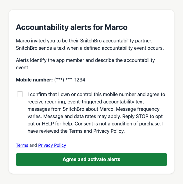 Consent form titled Accountability alerts for Marco, showing the masked mobile number, an unchecked consent checkbox with the full disclosure text, links to Terms and Privacy Policy, and an Agree and activate alerts button.